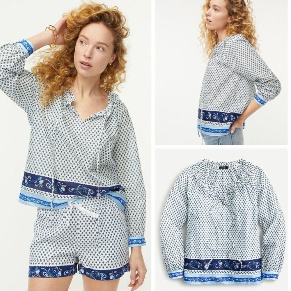 J. Crew White Blouse with Navy and Light Blue Border Print